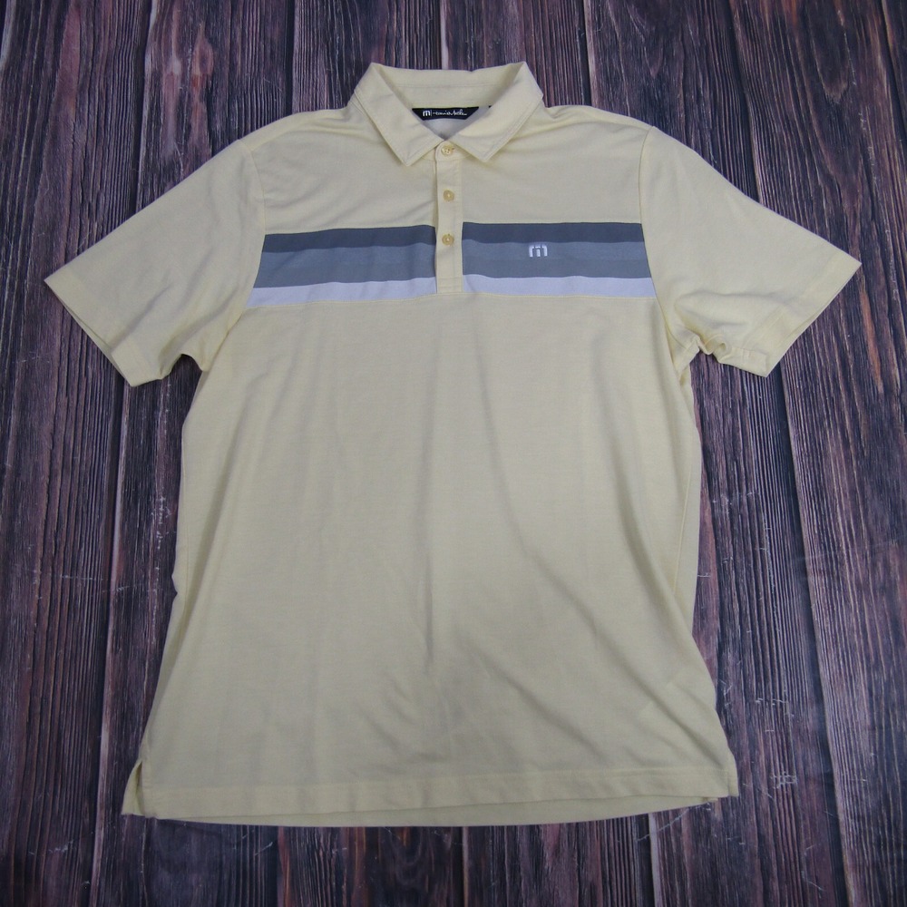 Travis Mathew Polo Shirt Mens Large Yellow‎ Chest Stripe Pima Cotton Stretch